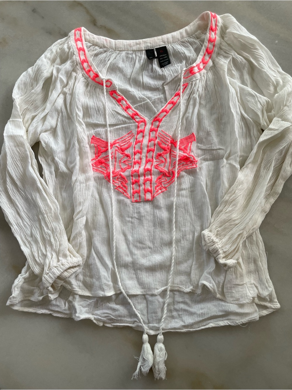Fun & Flirt White Peasant Tunic with Neon Pink Embroidery size XS